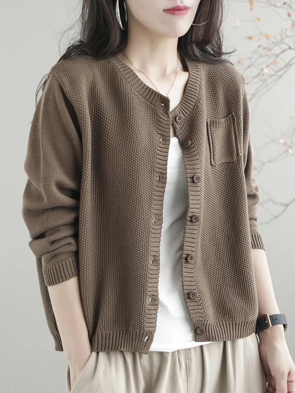 Simple Loose Long Sleeves Buttoned Solid Color Round-Neck Cardigan Tops - Image 7