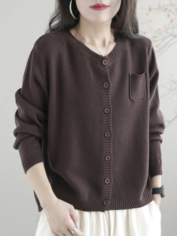 Simple Loose Long Sleeves Buttoned Solid Color Round-Neck Cardigan Tops - Image 8