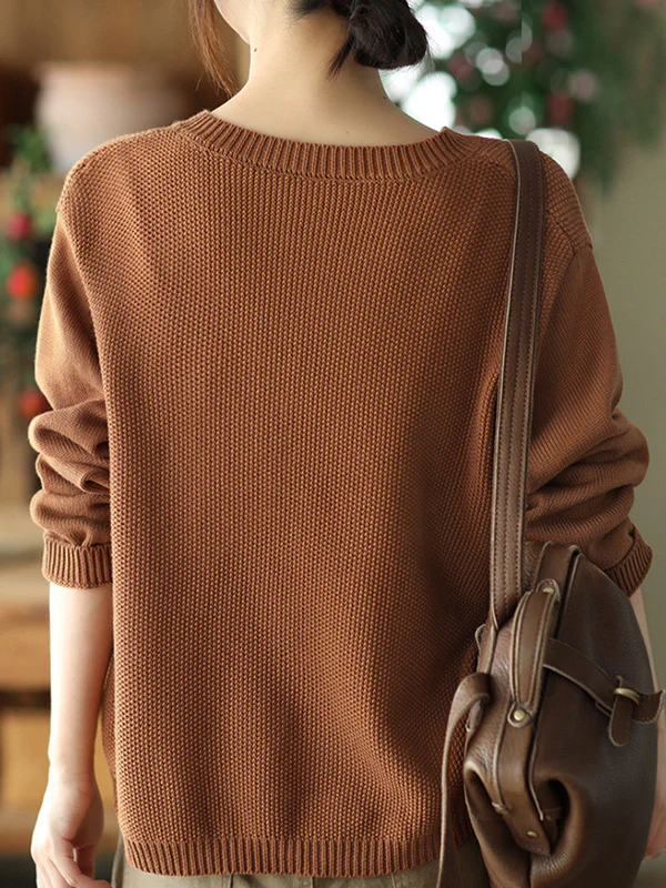Simple Loose Long Sleeves Buttoned Solid Color Round-Neck Cardigan Tops - Image 9