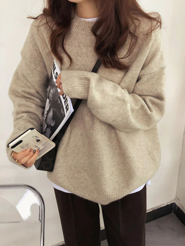 Simple Loose Long Sleeves Round-Neck Sweater Tops Pullovers - Image 10