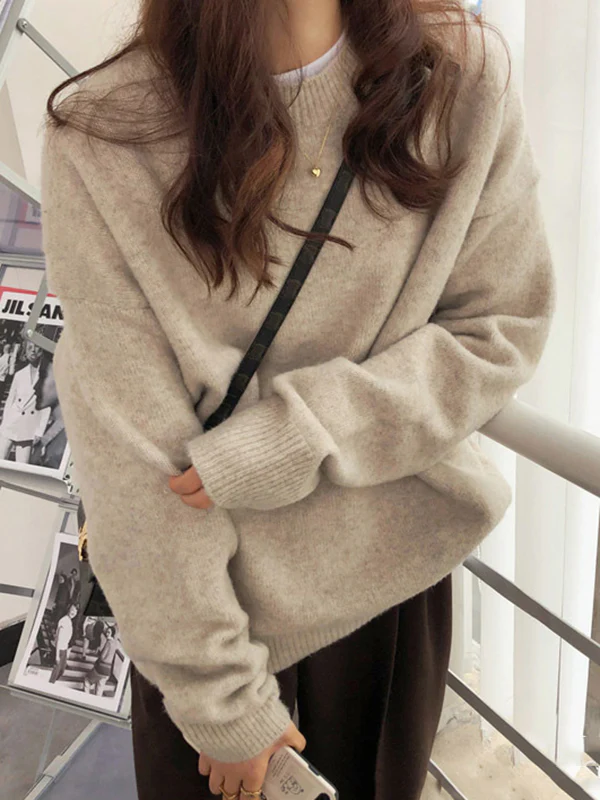 Simple Loose Long Sleeves Round-Neck Sweater Tops Pullovers - Image 11