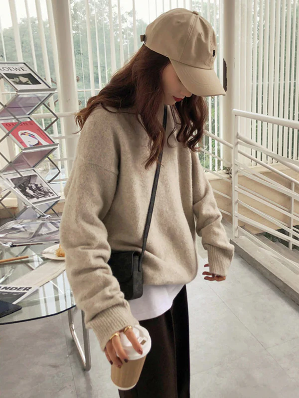 Simple Loose Long Sleeves Round-Neck Sweater Tops Pullovers - Image 12