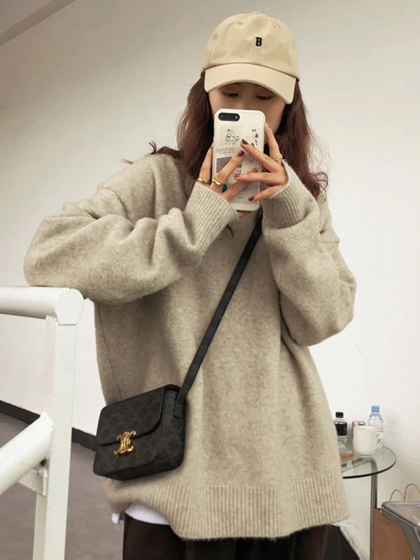 Simple Loose Long Sleeves Round-Neck Sweater Tops Pullovers - Image 13