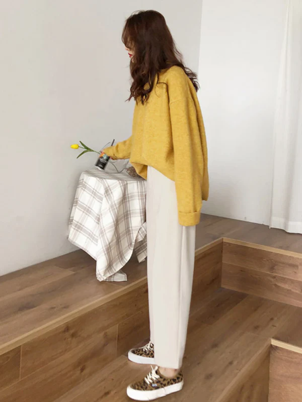 Simple Loose Long Sleeves Round-Neck Sweater Tops Pullovers - Image 15