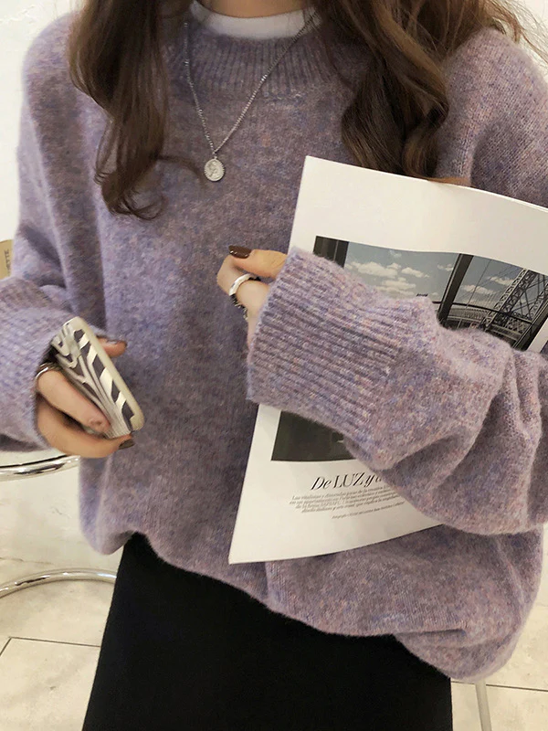 Simple Loose Long Sleeves Round-Neck Sweater Tops Pullovers - Image 2