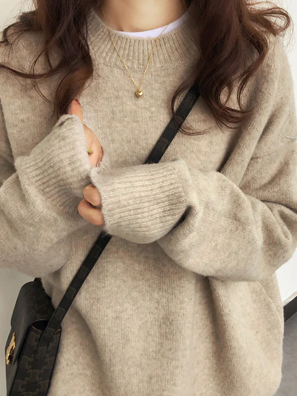 Simple Loose Long Sleeves Round-Neck Sweater Tops Pullovers - Image 3