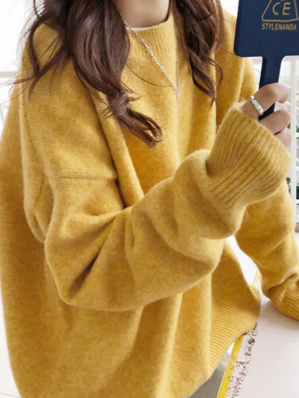 Simple Loose Long Sleeves Round-Neck Sweater Tops Pullovers - Image 5