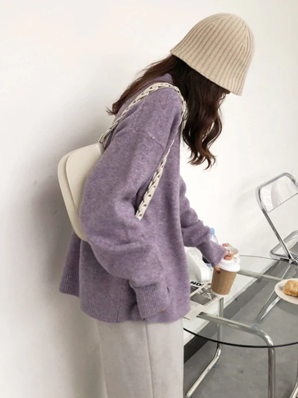 Simple Loose Long Sleeves Round-Neck Sweater Tops Pullovers - Image 7