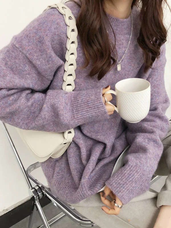 Simple Loose Long Sleeves Round-Neck Sweater Tops Pullovers - Image 8