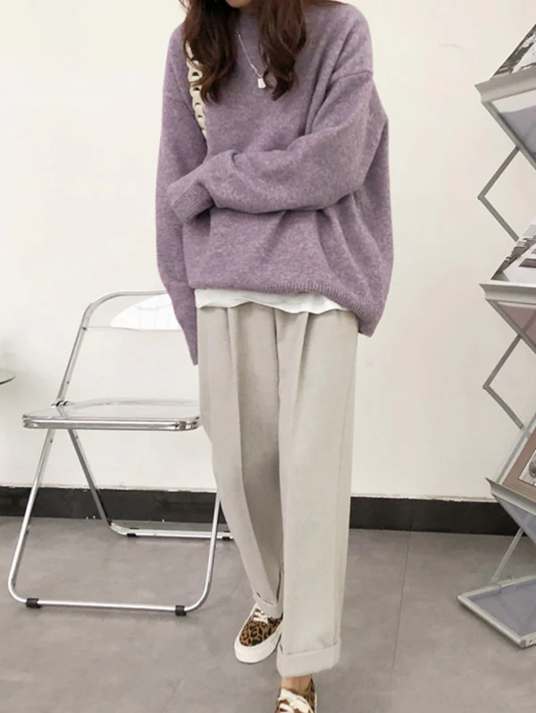 Simple Loose Long Sleeves Round-Neck Sweater Tops Pullovers - Image 9
