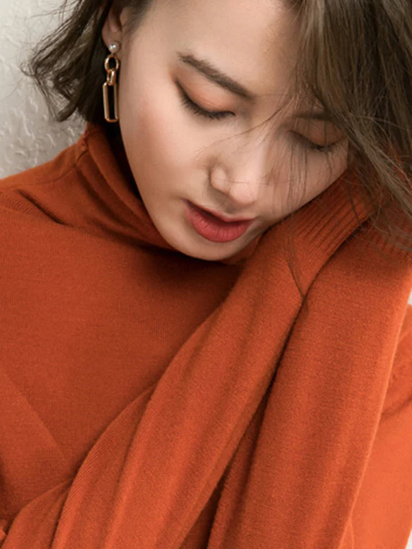 Simple Loose Long Sleeves Solid Color High-Neck Sweater Tops - Image 10