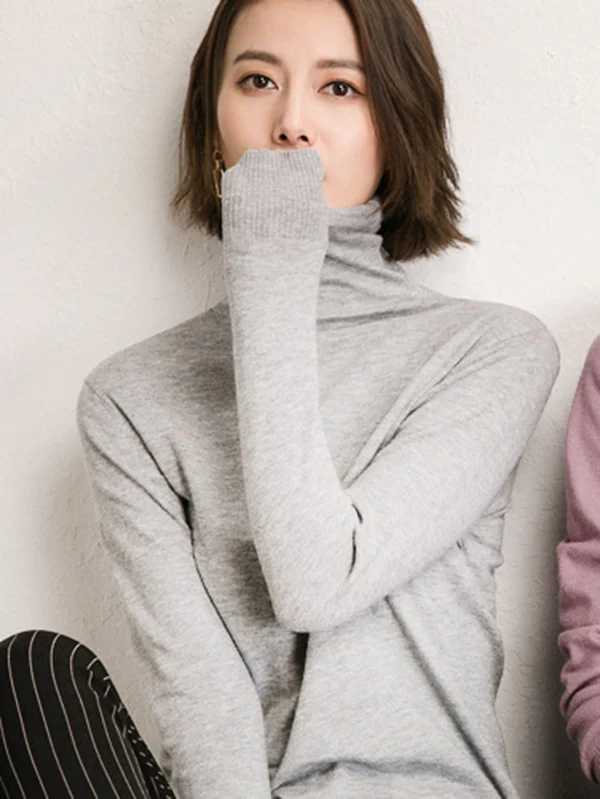 Simple Loose Long Sleeves Solid Color High-Neck Sweater Tops - Image 14