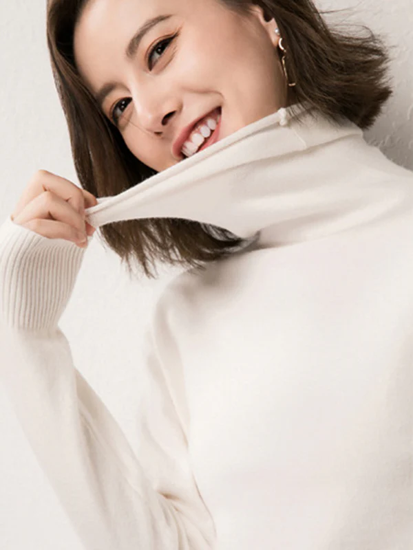 Simple Loose Long Sleeves Solid Color High-Neck Sweater Tops - Image 19