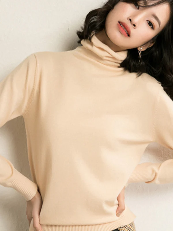Simple Loose Long Sleeves Solid Color High-Neck Sweater Tops - Image 4