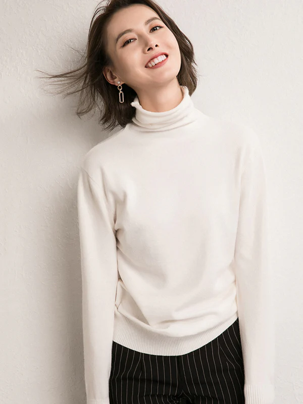 Simple Loose Long Sleeves Solid Color High-Neck Sweater Tops - Image 5