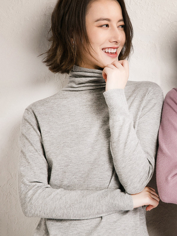 Simple Loose Long Sleeves Solid Color High-Neck Sweater Tops - Image 6