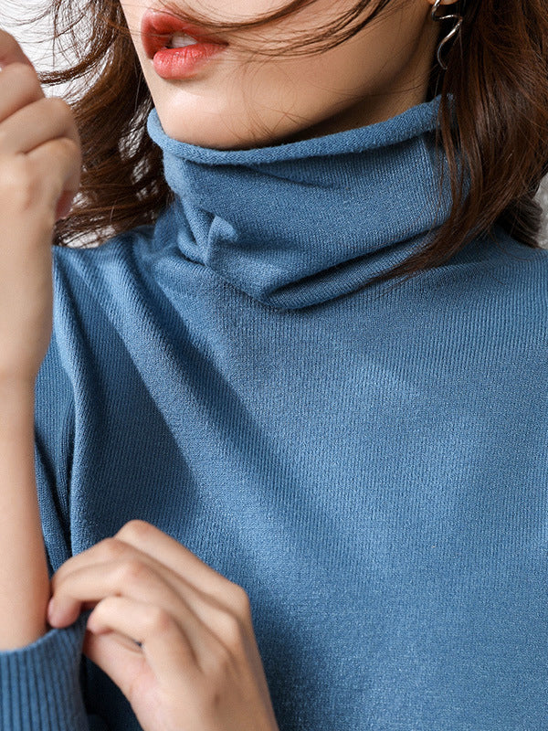 Simple Loose Long Sleeves Solid Color High-Neck Sweater Tops - Image 7