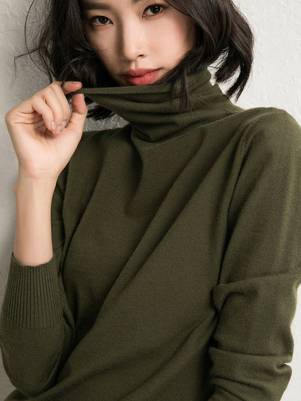 Simple Loose Long Sleeves Solid Color High-Neck Sweater Tops - Image 8