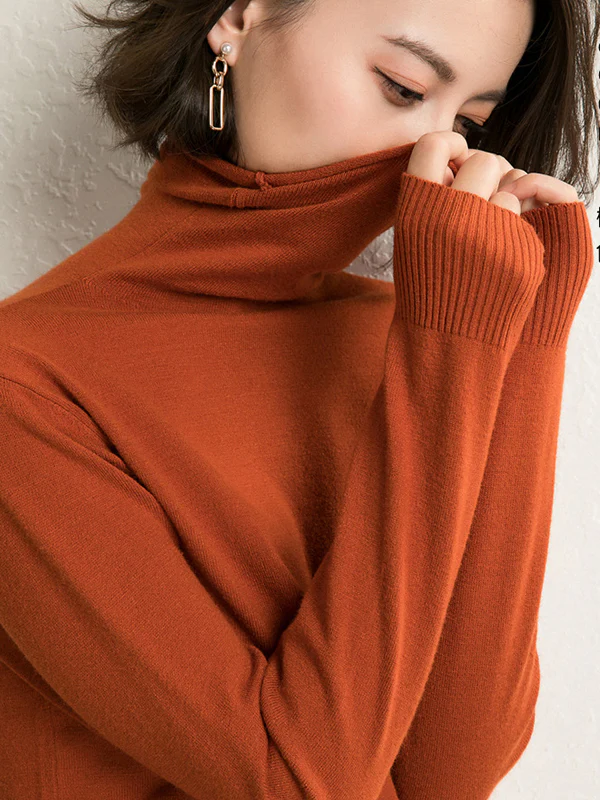 Simple Loose Long Sleeves Solid Color High-Neck Sweater Tops - Image 9