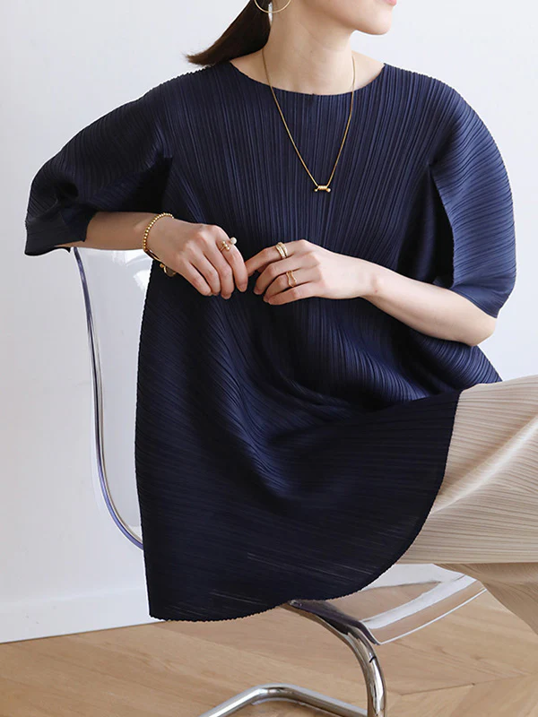 Simple Loose Long Sleeves Tied Pleated Solid Color Round-Neck T-Shirts Tops - Image 11