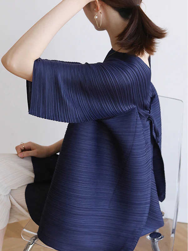 Simple Loose Long Sleeves Tied Pleated Solid Color Round-Neck T-Shirts Tops - Image 12
