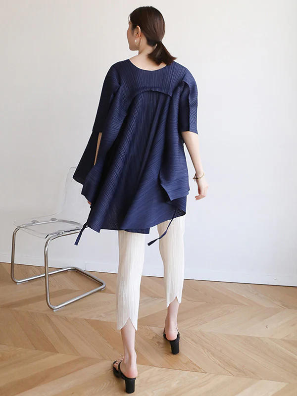 Simple Loose Long Sleeves Tied Pleated Solid Color Round-Neck T-Shirts Tops - Image 14