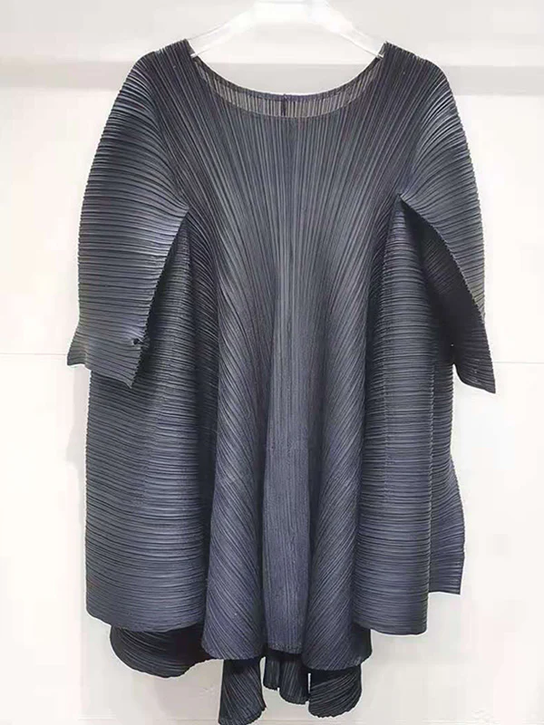 Simple Loose Long Sleeves Tied Pleated Solid Color Round-Neck T-Shirts Tops - Image 3