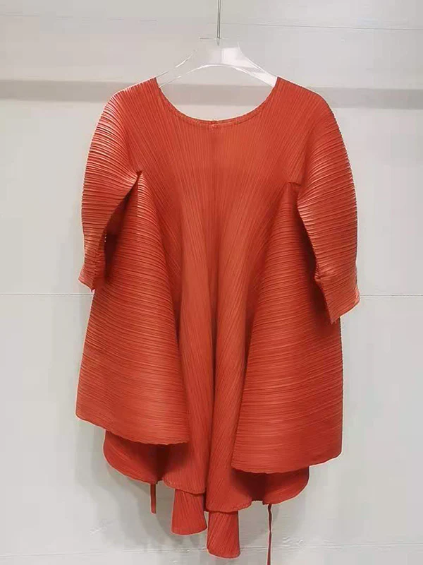 Simple Loose Long Sleeves Tied Pleated Solid Color Round-Neck T-Shirts Tops - Image 4