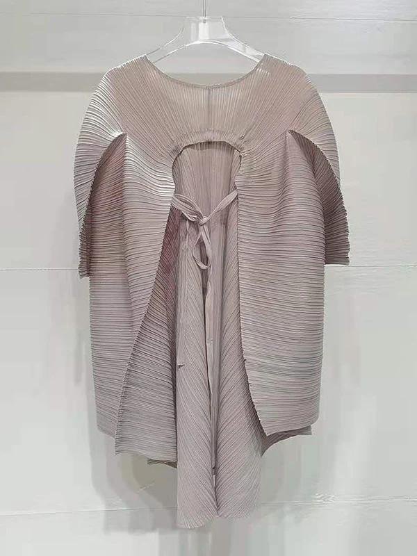 Simple Loose Long Sleeves Tied Pleated Solid Color Round-Neck T-Shirts Tops - Image 5
