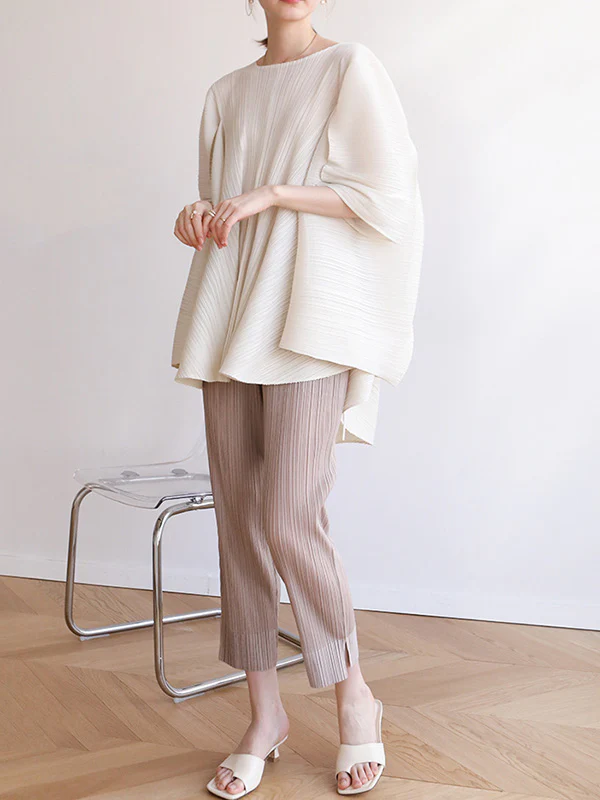 Simple Loose Long Sleeves Tied Pleated Solid Color Round-Neck T-Shirts Tops - Image 6