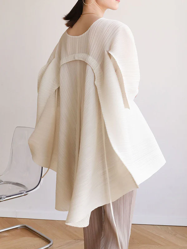 Simple Loose Long Sleeves Tied Pleated Solid Color Round-Neck T-Shirts Tops - Image 7