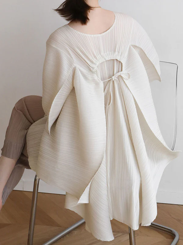 Simple Loose Long Sleeves Tied Pleated Solid Color Round-Neck T-Shirts Tops - Image 8