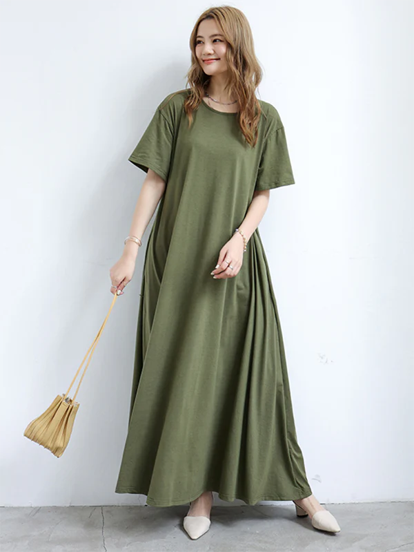 Simple Loose Short Sleeves Solid Color Round-Neck Maxi Dresses - Image 2