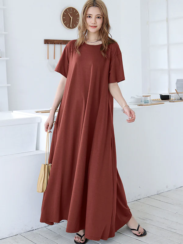 Simple Loose Short Sleeves Solid Color Round-Neck Maxi Dresses - Image 3