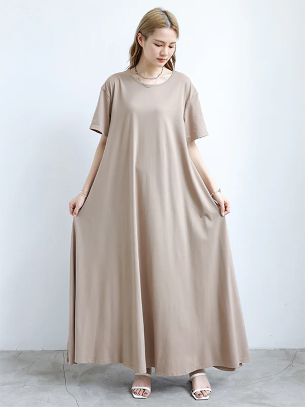 Simple Loose Short Sleeves Solid Color Round-Neck Maxi Dresses - Image 4
