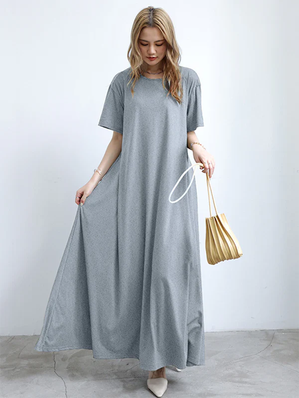 Simple Loose Short Sleeves Solid Color Round-Neck Maxi Dresses - Image 5