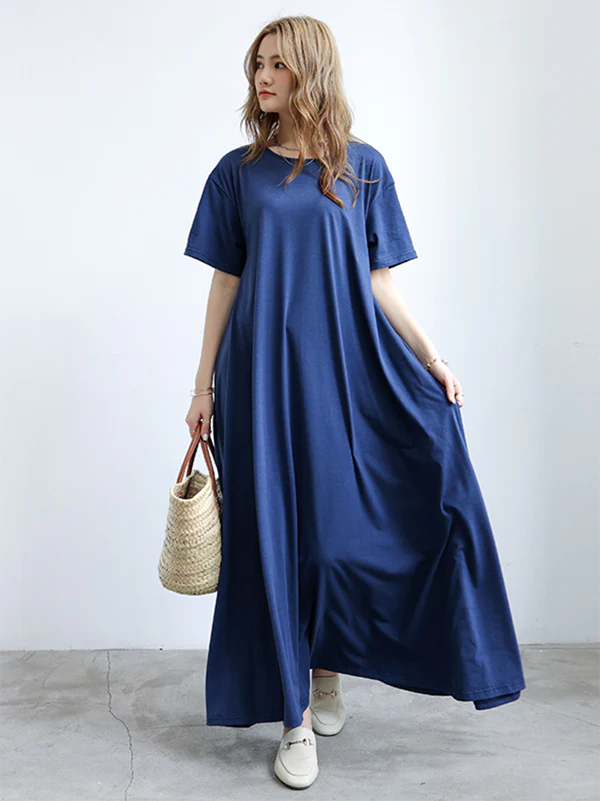 Simple Loose Short Sleeves Solid Color Round-Neck Maxi Dresses - Image 6