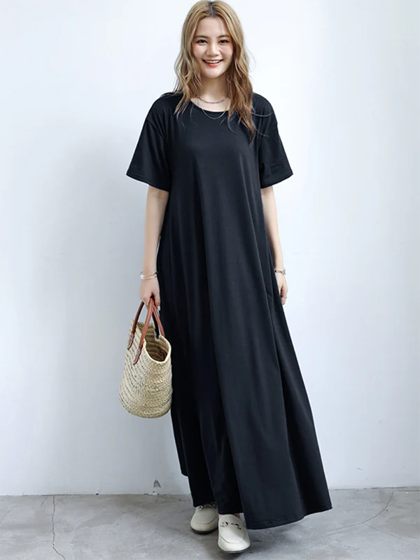 Simple Loose Short Sleeves Solid Color Round-Neck Maxi Dresses - Image 7