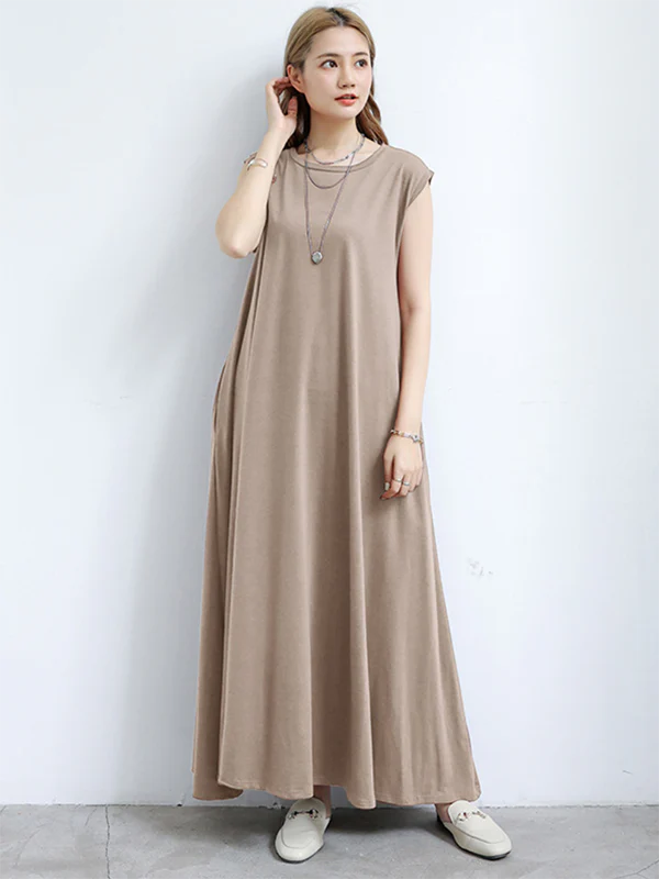 Simple Loose Sleeveless Solid Color Round-Neck Maxi Dresses - Image 2