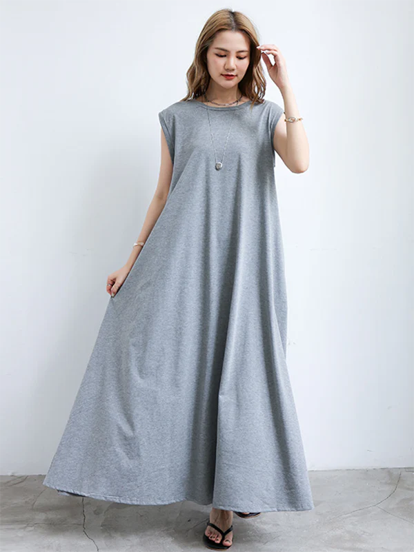 Simple Loose Sleeveless Solid Color Round-Neck Maxi Dresses - Image 3