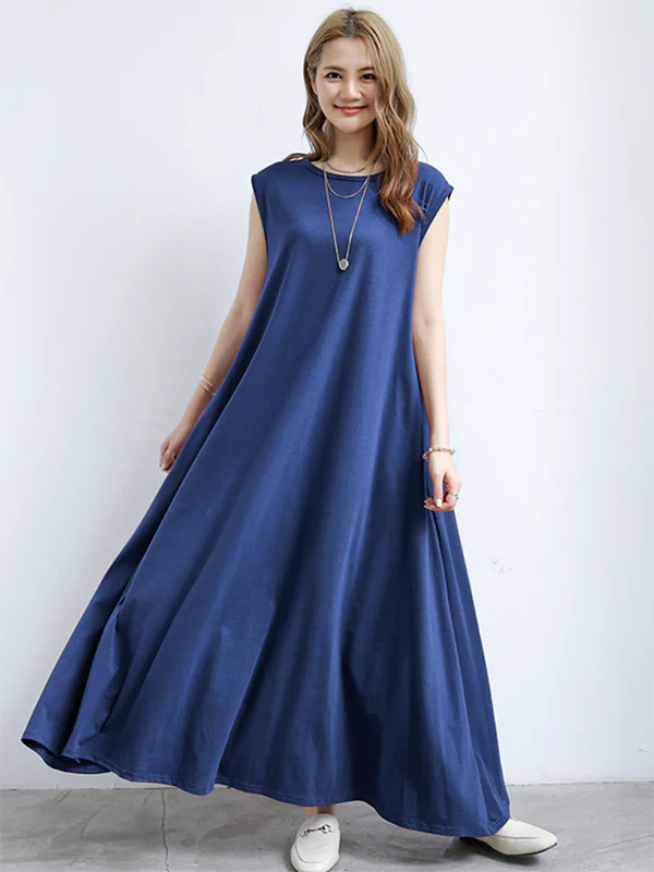 Simple Loose Sleeveless Solid Color Round-Neck Maxi Dresses - Image 4