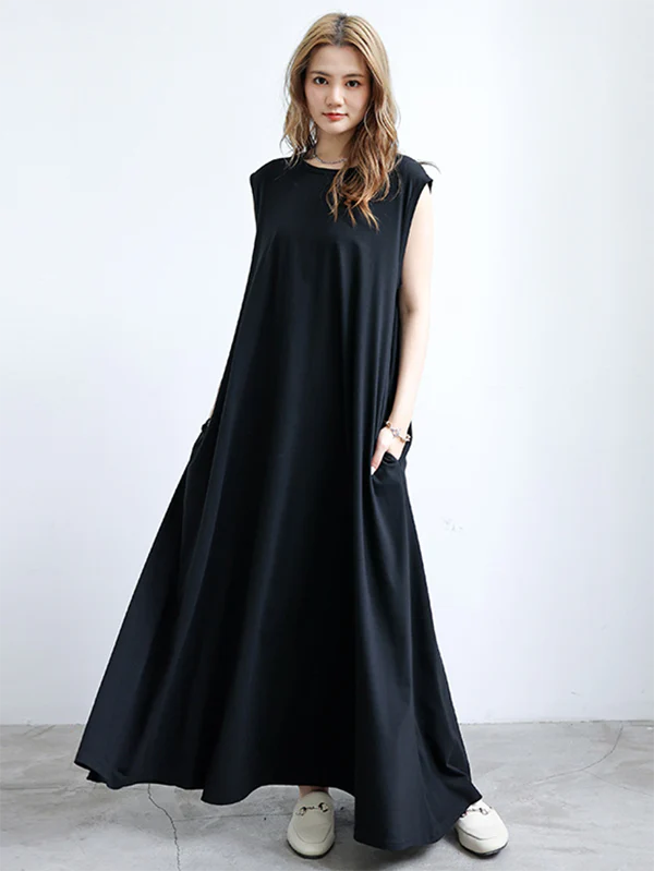 Simple Loose Sleeveless Solid Color Round-Neck Maxi Dresses - Image 5