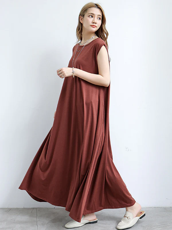 Simple Loose Sleeveless Solid Color Round-Neck Maxi Dresses - Image 6