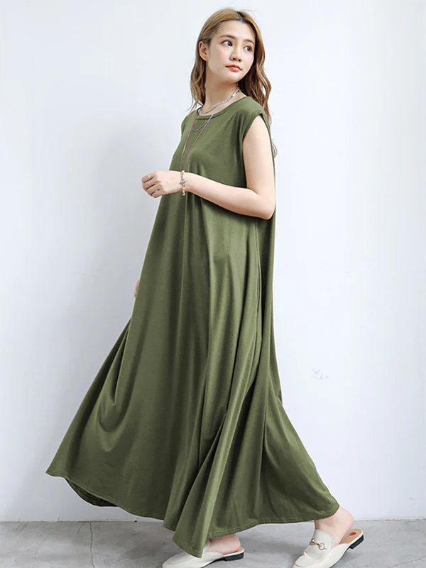 Simple Loose Sleeveless Solid Color Round-Neck Maxi Dresses - Image 7