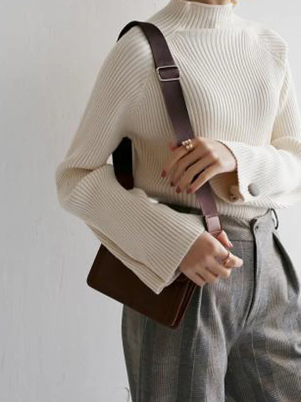Simple Loose Solid Color High-Neck Sweater - Image 10