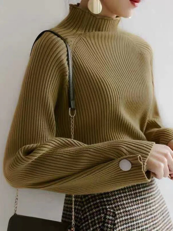 Simple Loose Solid Color High-Neck Sweater - Image 2