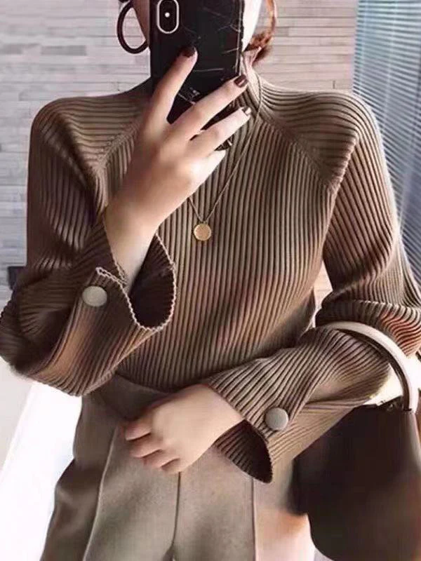Simple Loose Solid Color High-Neck Sweater - Image 3