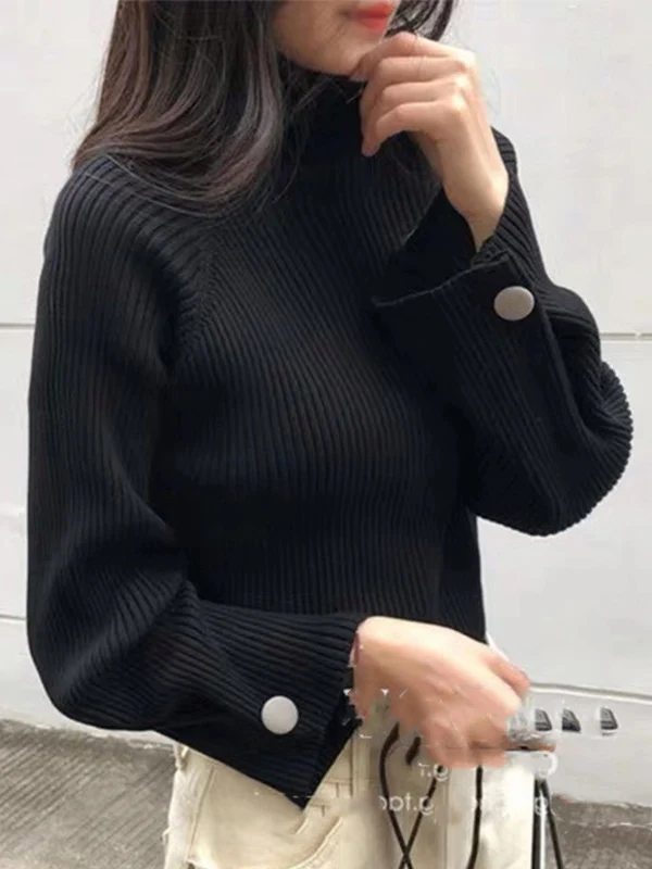 Simple Loose Solid Color High-Neck Sweater - Image 4