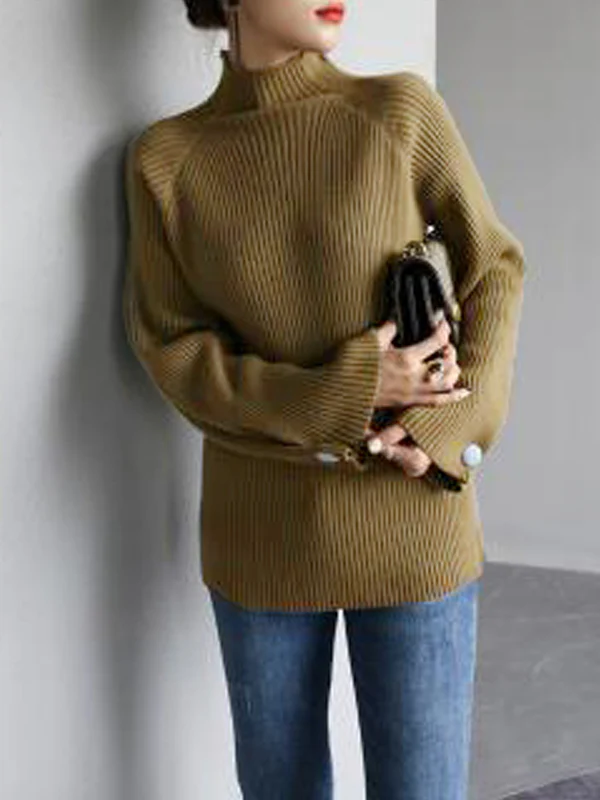 Simple Loose Solid Color High-Neck Sweater - Image 5