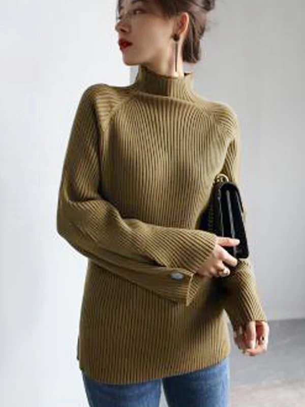 Simple Loose Solid Color High-Neck Sweater - Image 6